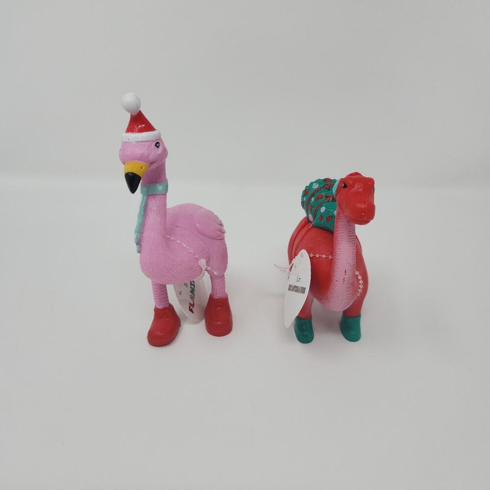 Santa Hat Christmas Red Dinosaur & Flamingo Figurines